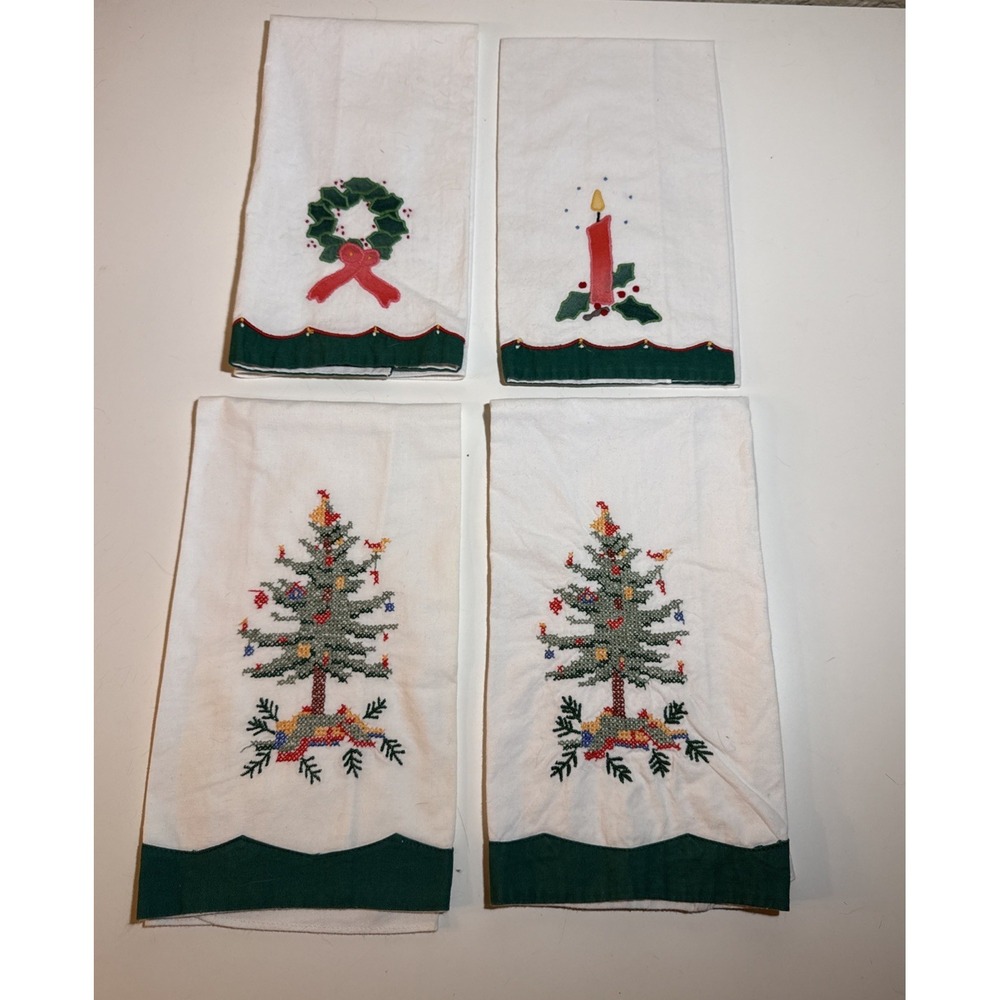 Vintage Christmas Tree Tea Towels Lillian Vernon Hand Cross Stitched Set‎ of 4